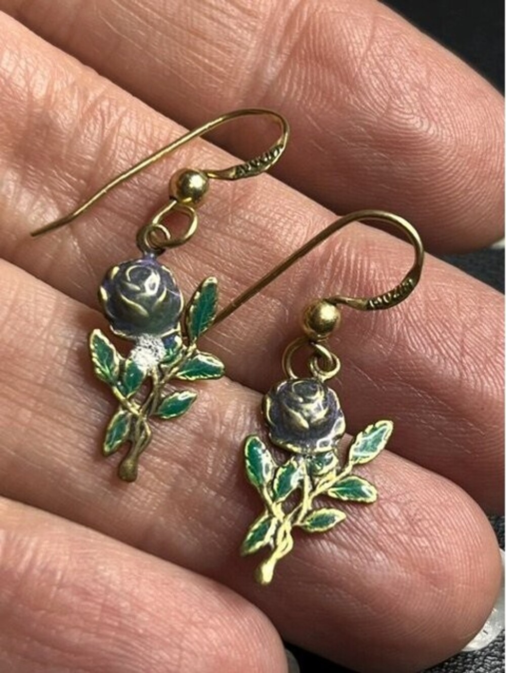 B7050 vintage 14K gold filled Enamel Rose Dangle Earrings Flower 1.3" Drop